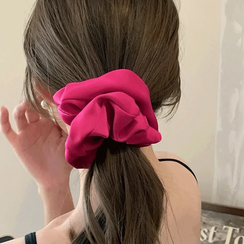 复古简约玫红色缎面发圈女夏高级感韩系大号丸子头发绳扎头发头饰