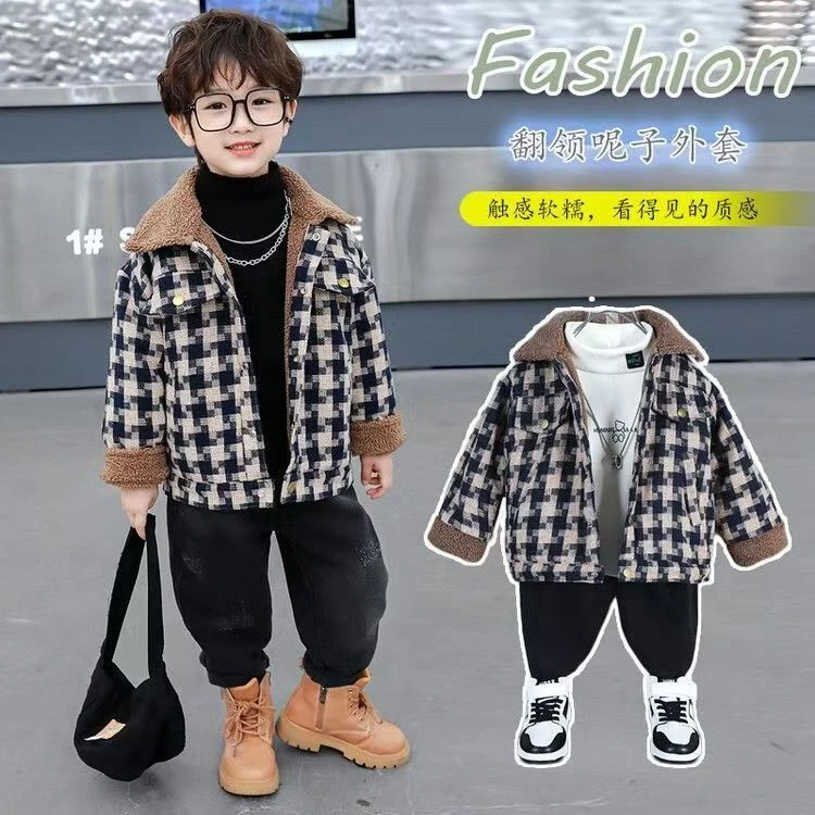 男童冬季加绒外套2024新款痞帅宝宝加厚男孩呢子夹克儿童洋气上衣