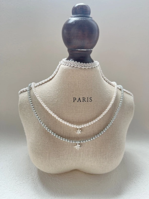 坠链均925银仿珍珠 【八芒星】白灰色八芒星吊坠法式温柔百搭银项链