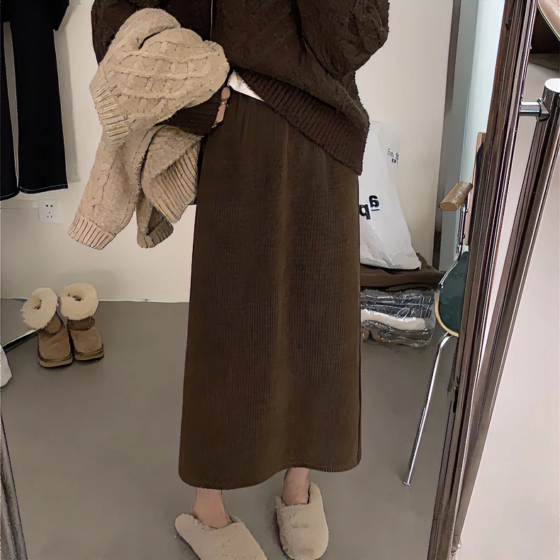 满满~#3356韩版松紧腰小众A字灯芯绒半身裙女秋冬直筒休闲长裙