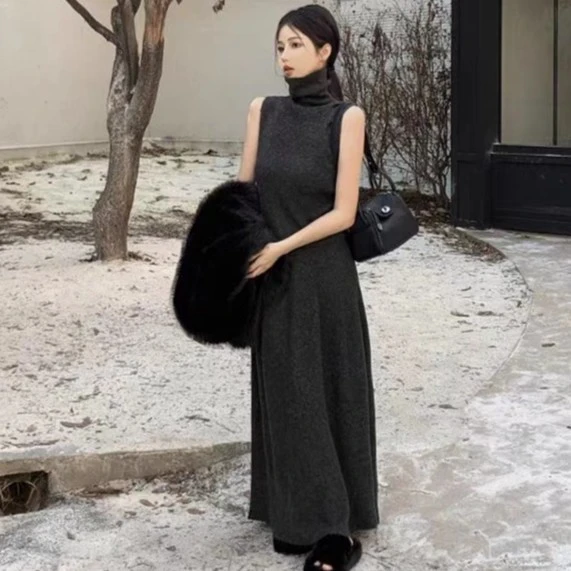 新款针织两件套搭配一整套2023秋冬高领背心长裙套装#3395