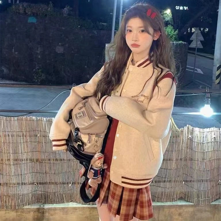 伞伞～#9533字母刺绣夹棉外套秋冬款宽松百搭加厚毛呢棒球服