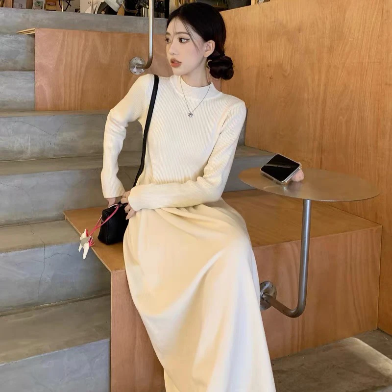 芥末~安逸~甜美学院风针织连衣裙女秋冬高腰修身显瘦长裙#1110