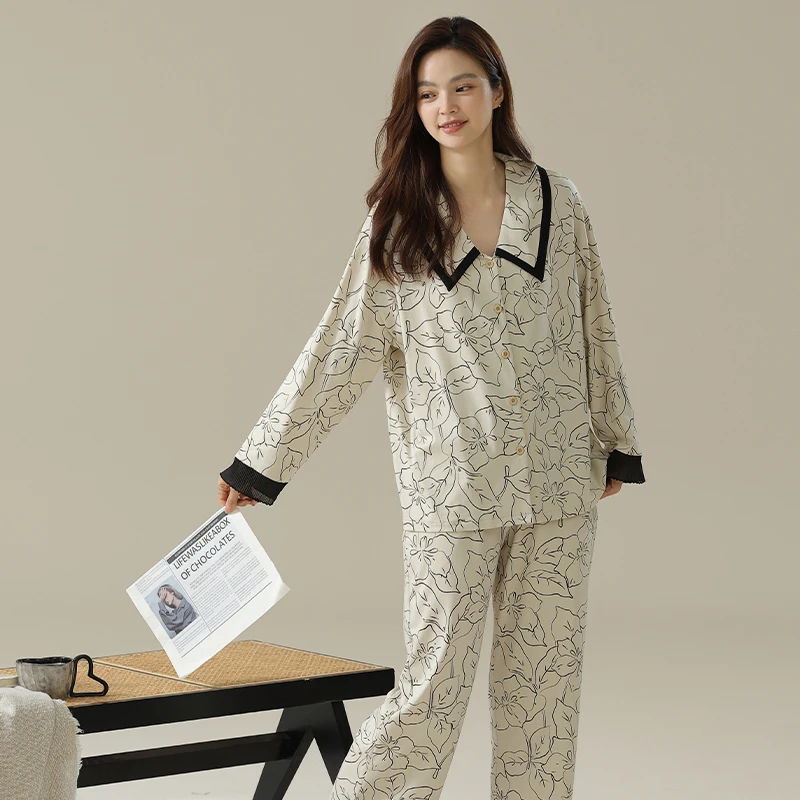 【达人专享】蕾丝花瓣朵朵女士翻领长袖长裤家居睡衣套装