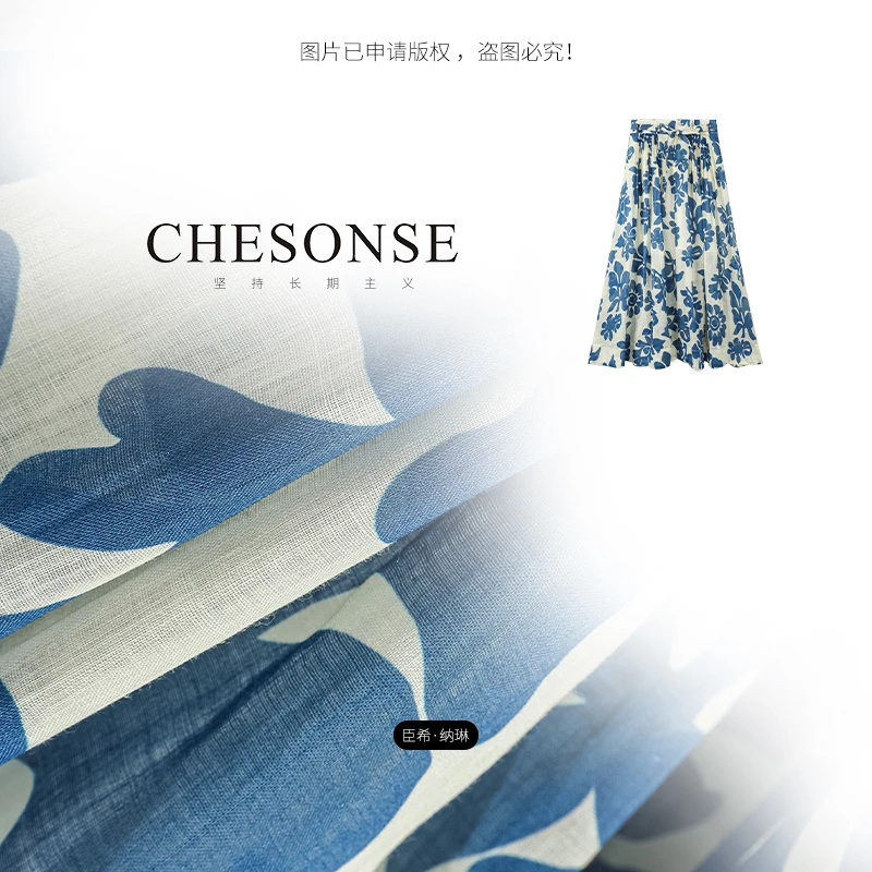 半身裙【长夏叙凉】青花瓷印花显瘦A字麻裙0906