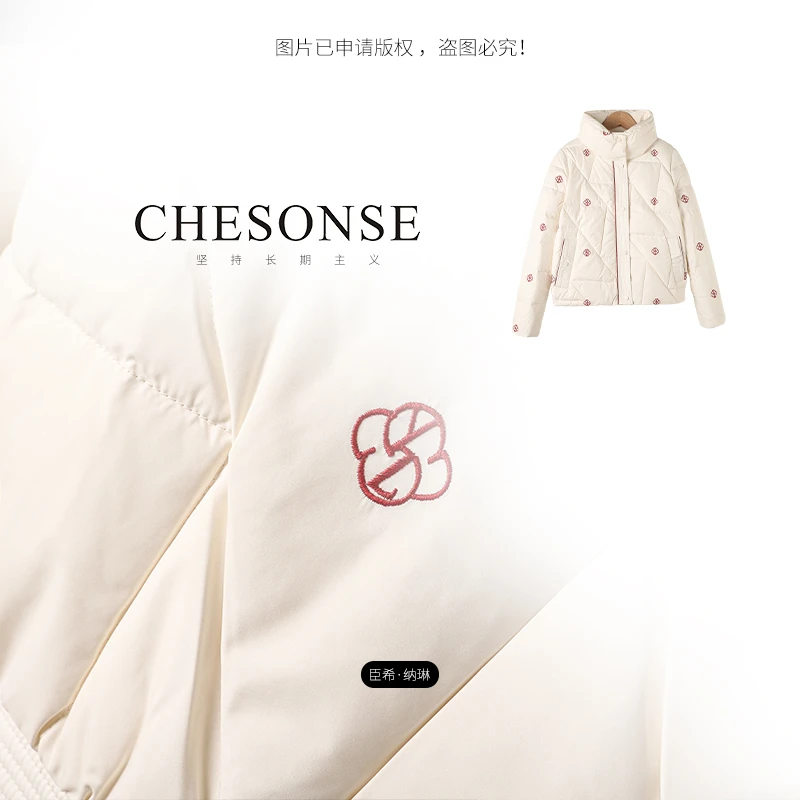 外套女【红玫瑰与白玫瑰】白色刺绣甜美短款羽绒服00051V1