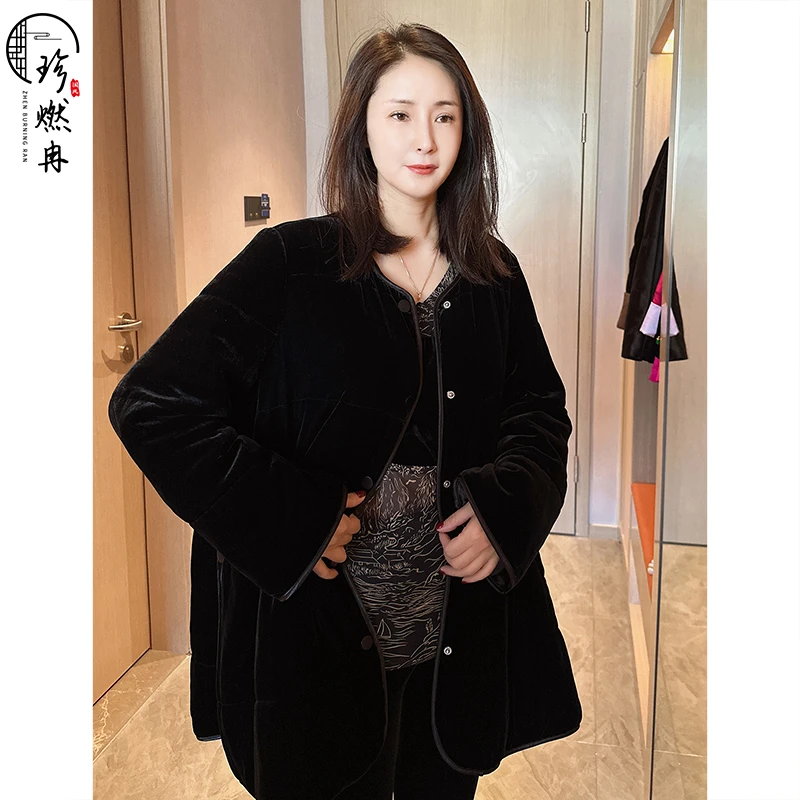 【珍珍优选】【经典丝绒】蚕丝显瘦气质奶奶服秋冬新款棉衣93253