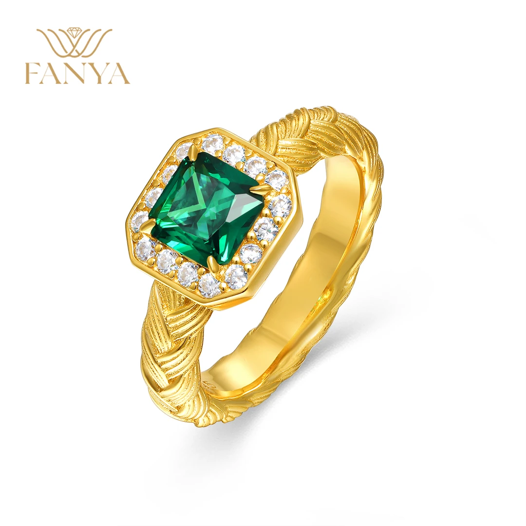 925银合成锆石戒指 FANYA 国风经典绿方金色百搭戒指