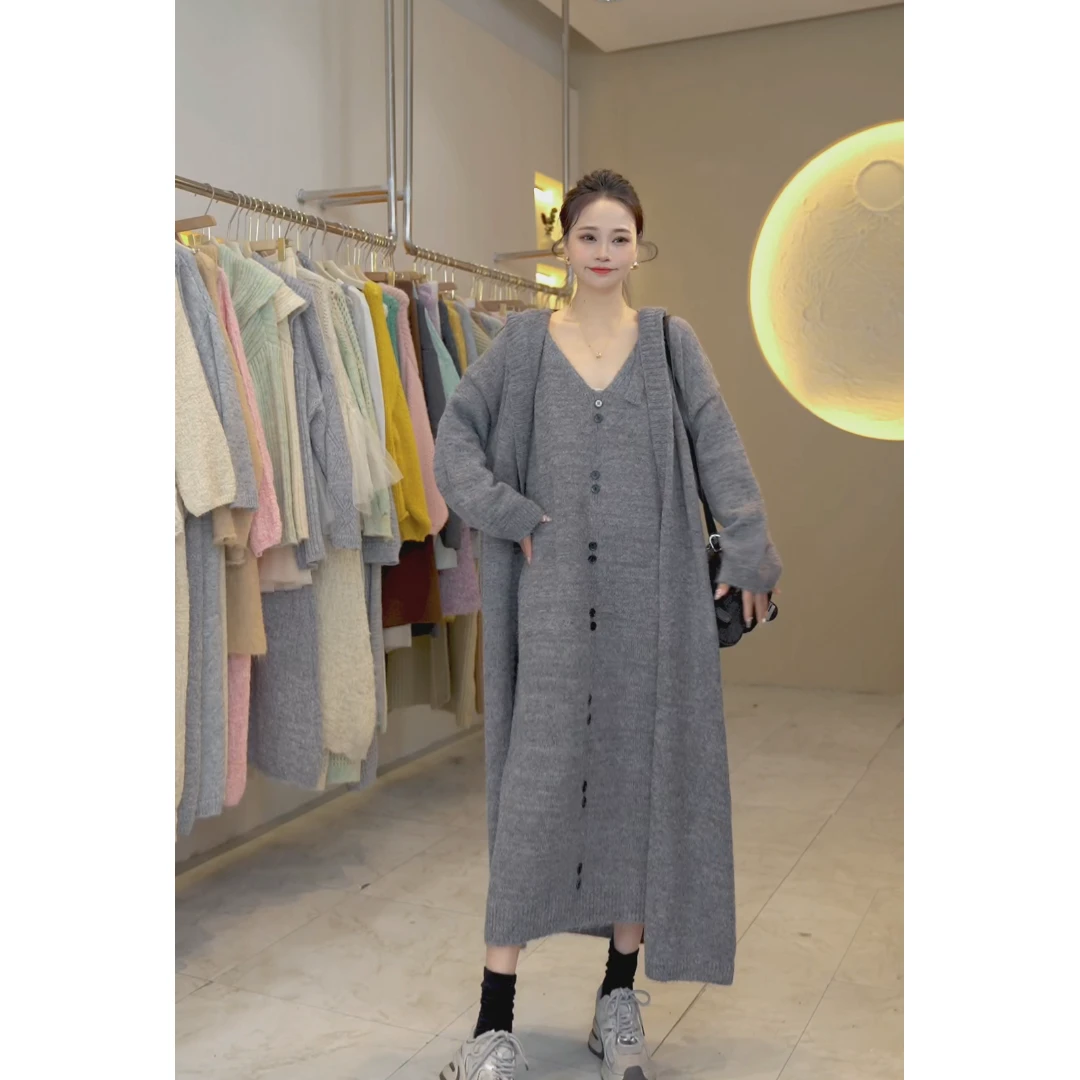 桔子甜了2024早秋新款连帽背带裙显瘦外披时尚休闲针织套装两件套