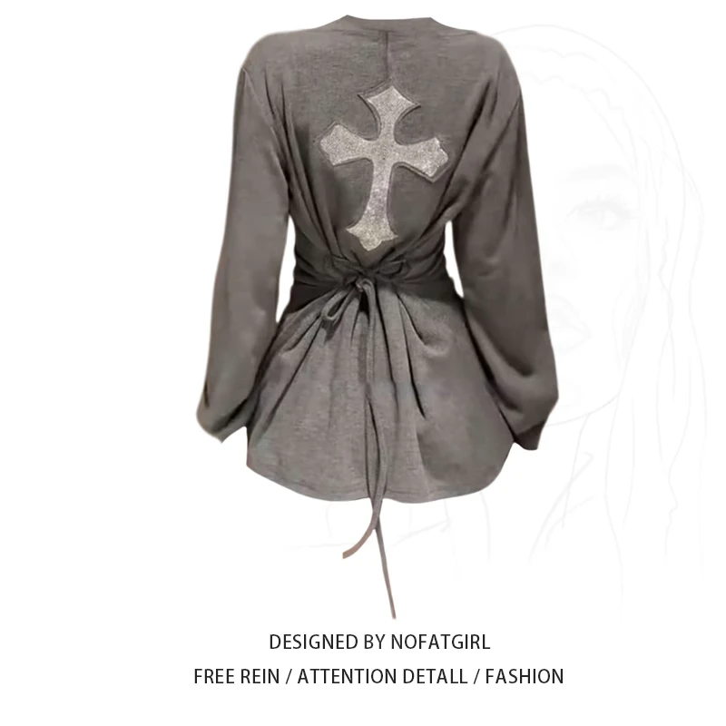 大码胖MM辣妹风十字架针织长袖t恤女秋冬设计感系带收腰包臀上衣8