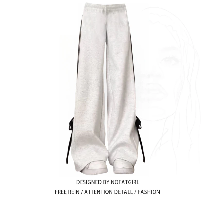 大码四杠绑带加绒休闲阔腿裤女士秋冬季新款胖mm学生百搭运动裤子