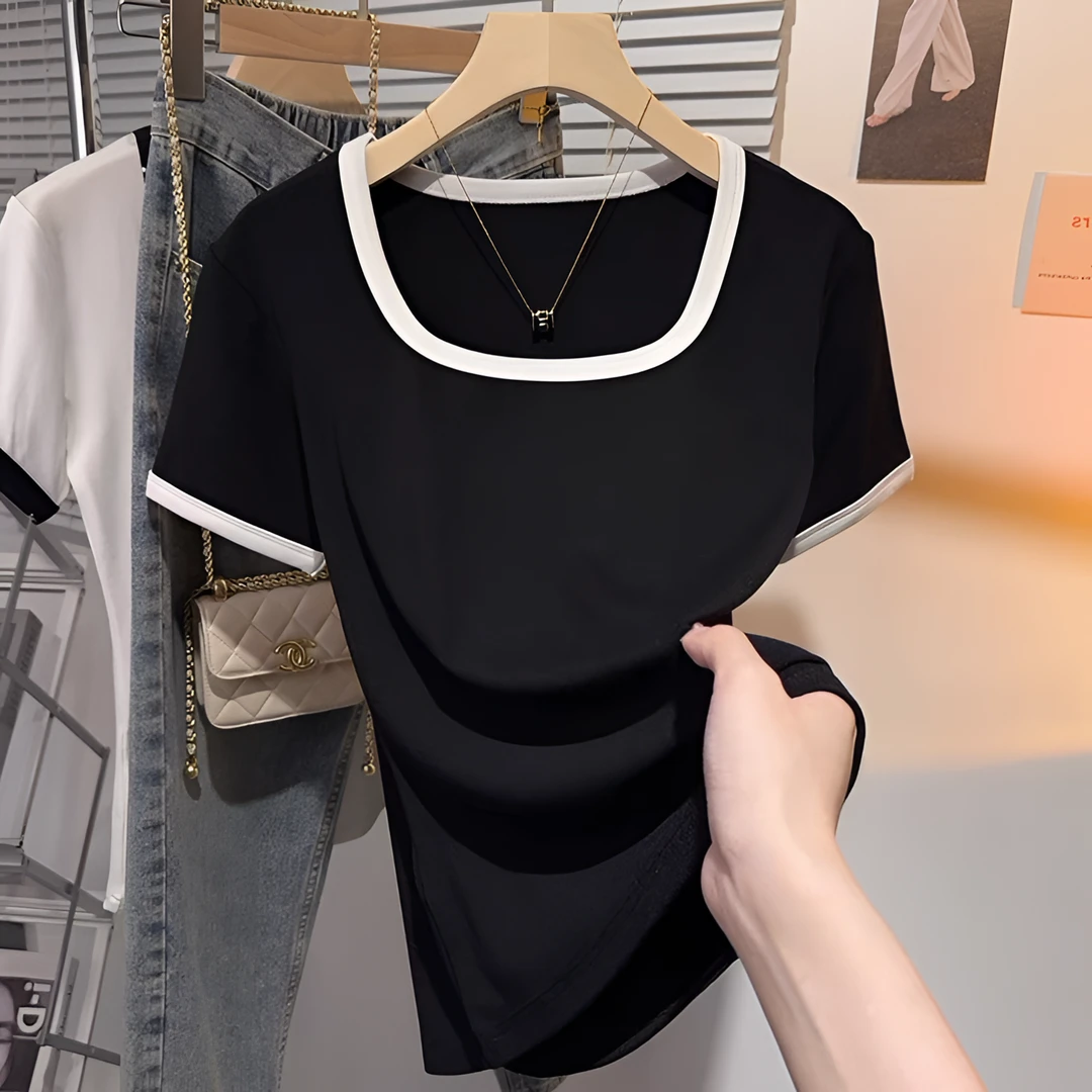 大码胖mm设计感方领短袖T恤女夏季修身遮肉撞色拼接减龄小众上衣