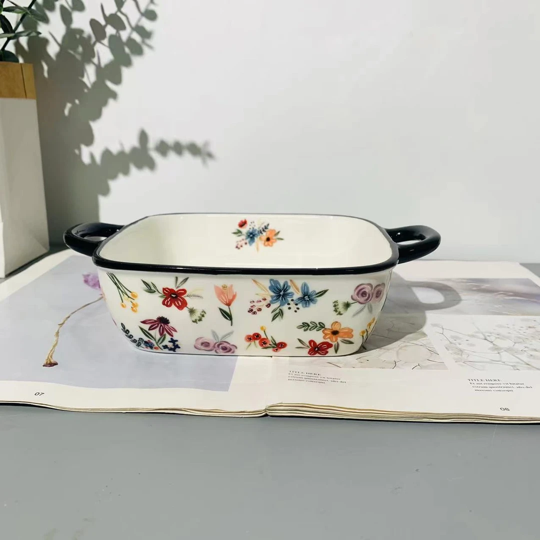 秋容花卉黑色9英寸双耳四方碗家用烤盘