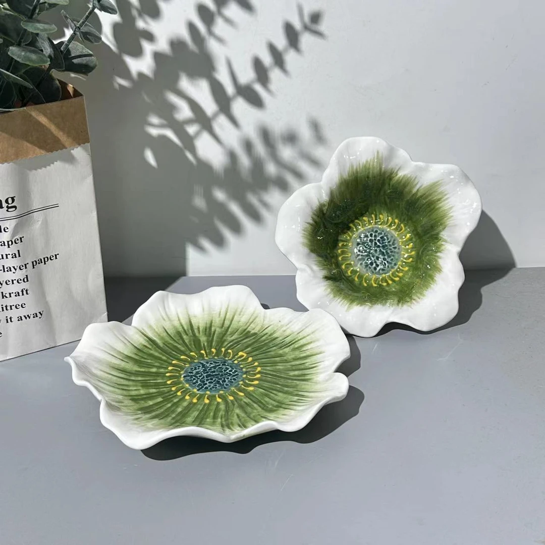 手绘浮雕手作玉兰花-6寸碗加7寸盘（绿色）