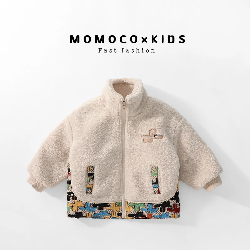 MOMOCO冬季女童男童时尚加绒加厚保暖粗花拼毛外套76480123201