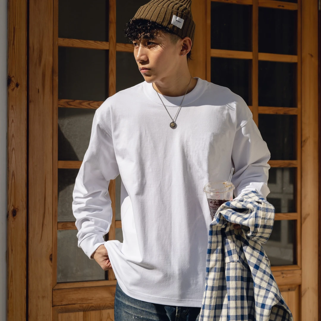 PrintsCrew 320克圆领长袖T恤纯棉白色纯色打底衫t恤宽松内搭潮