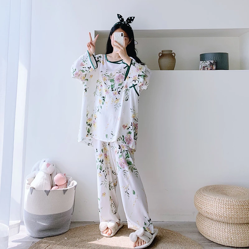 春夏棉绸睡衣女新中式民族风胖MM200斤加肥加大码长袖长裤家居服