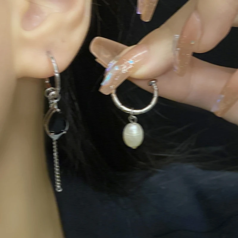 不对称珠珠流苏锆石耳环女冷淡风耳钉百搭耳饰-8313