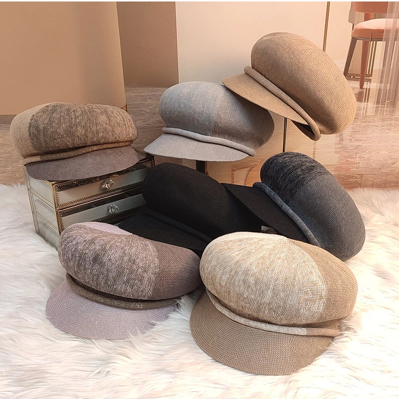 夏季薄款亚麻遮阳帽女镂空透气拼接色八角帽帽子复古画家帽22332