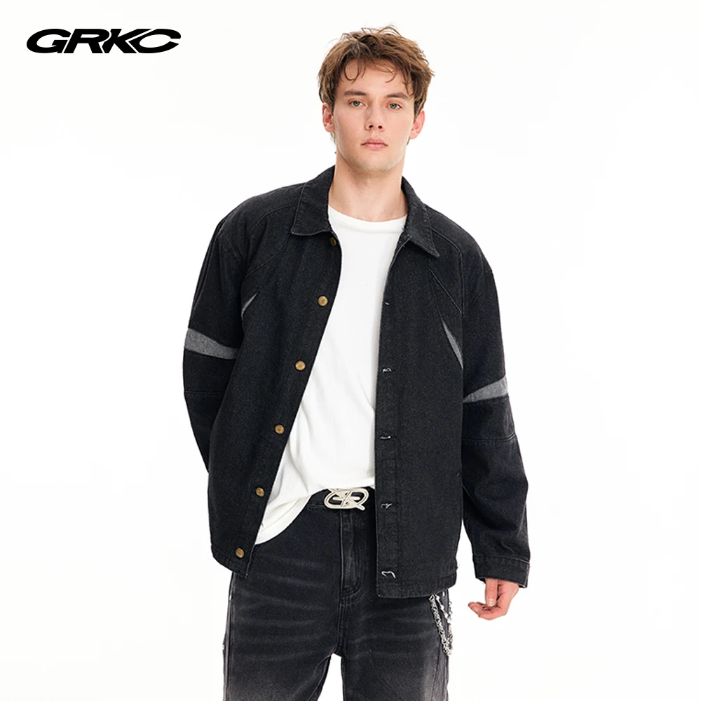 GRKC吉尔卡克弯刀分割牛仔外套水洗做旧黑色夹克上衣情侣2024秋冬