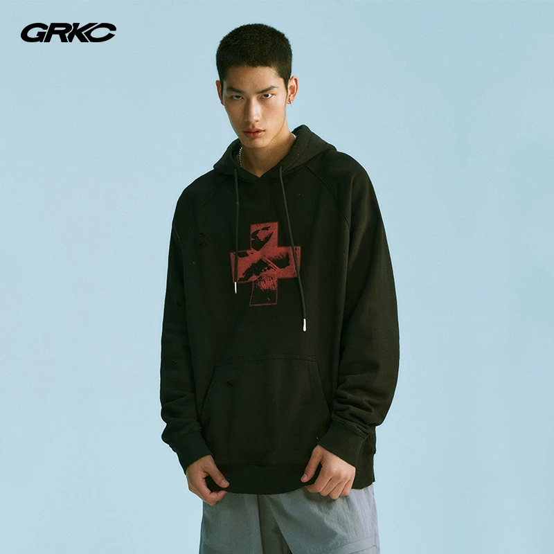 GRKC吉尔卡克 破洞十字卫衣国潮牌连帽印花宽松套头舒适潮流上衣