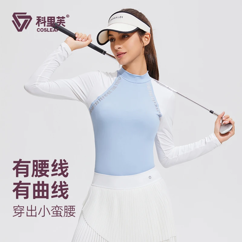 新款拼色半高领高尔夫运动服女长袖户外休闲修身显瘦透气薄款加绒