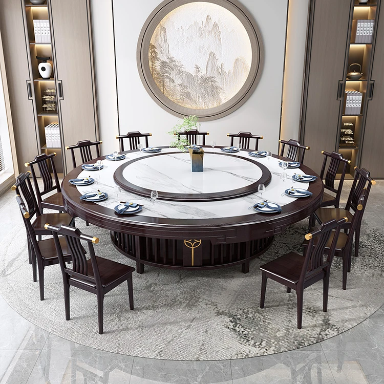 酒店大圆桌吃饭桌电动餐桌会所宴会实木岩板餐桌2米以上20人圆桌