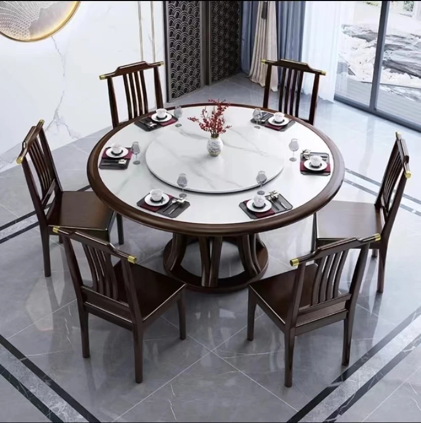 岩板全实木餐桌椅组合家用吃饭桌酒店饭店桌火锅桌餐桌圆桌圆形