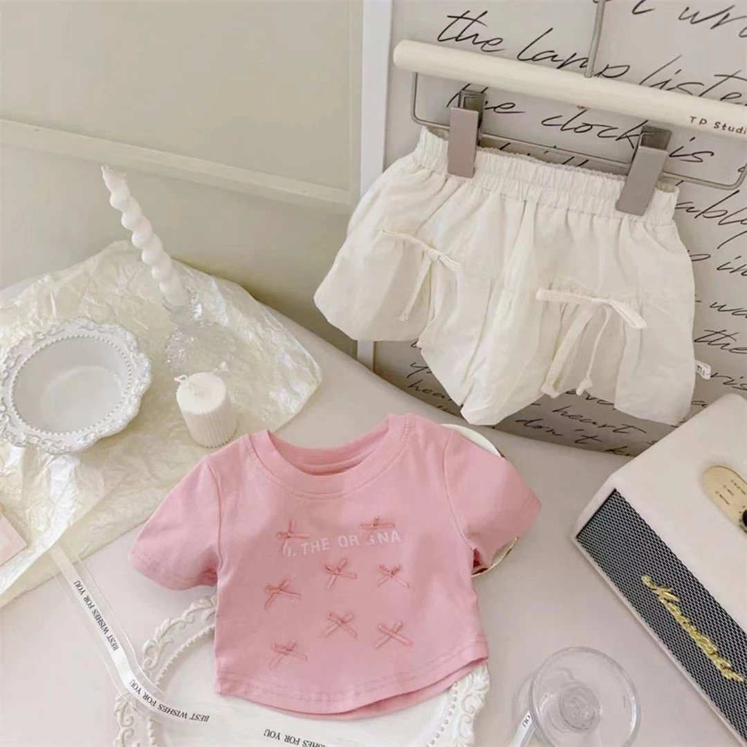 韩版女宝宝儿童夏季新款洋气时髦蝴蝶结短袖百褶裙两件套潮款女童