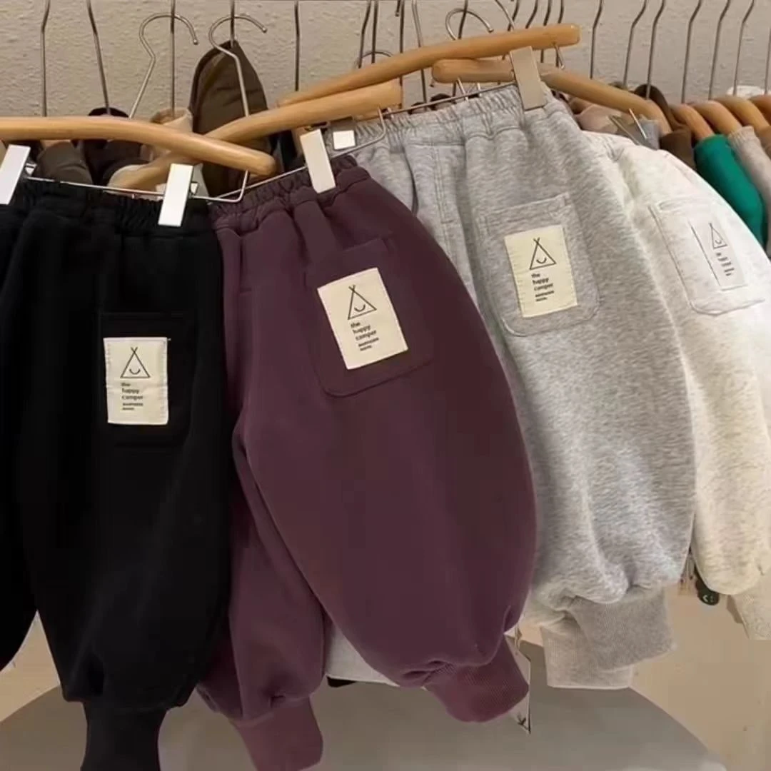 加绒加厚2024秋冬季新款保暖裤儿童卫裤新款童装洋气纯色运动裤W