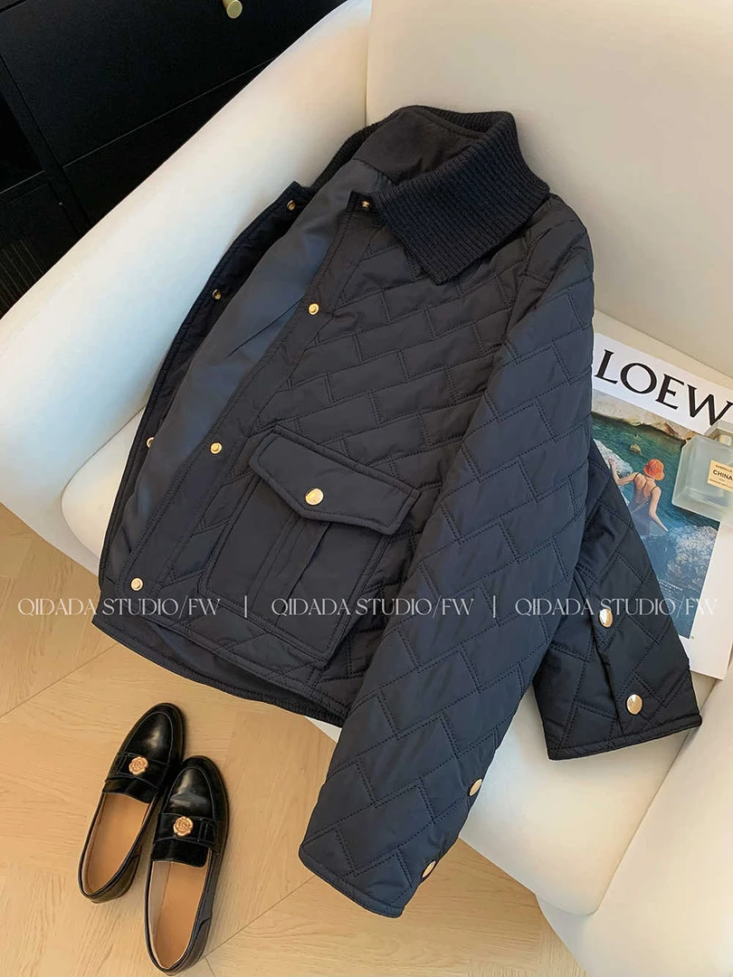 黑色polo领菱格夹棉工装棉衣棉服女冬季2024新款宽松小众设计感