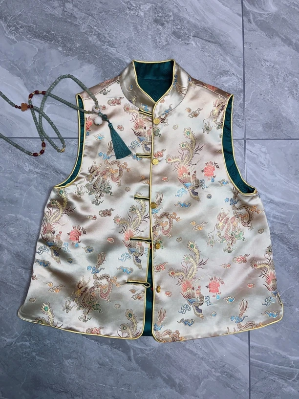 早春新款龙凤呈祥双面穿织锦缎马甲新中式复古高级