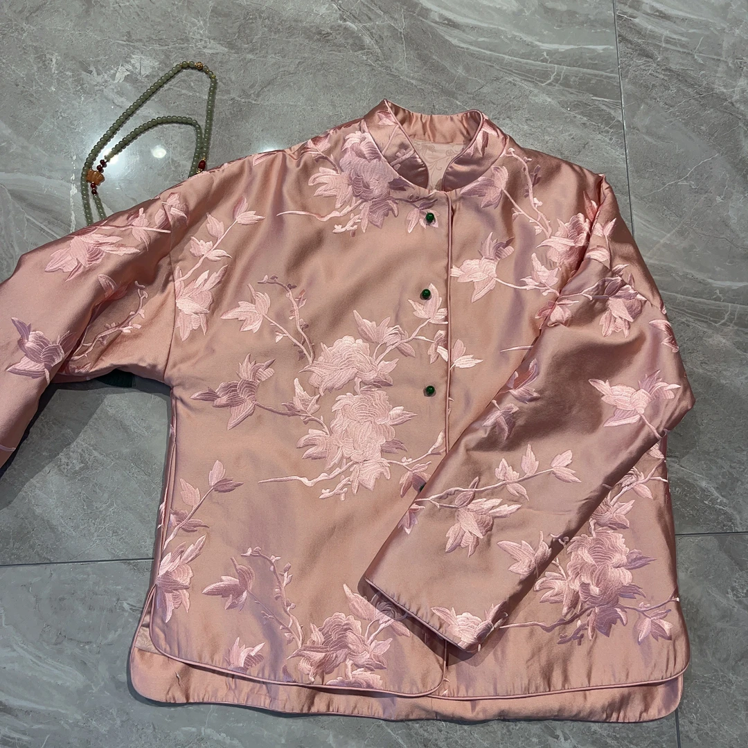 【暗香】2023冬季新款老钱风高端重工刺绣丝绵绵服珍贵玉石扣子提花