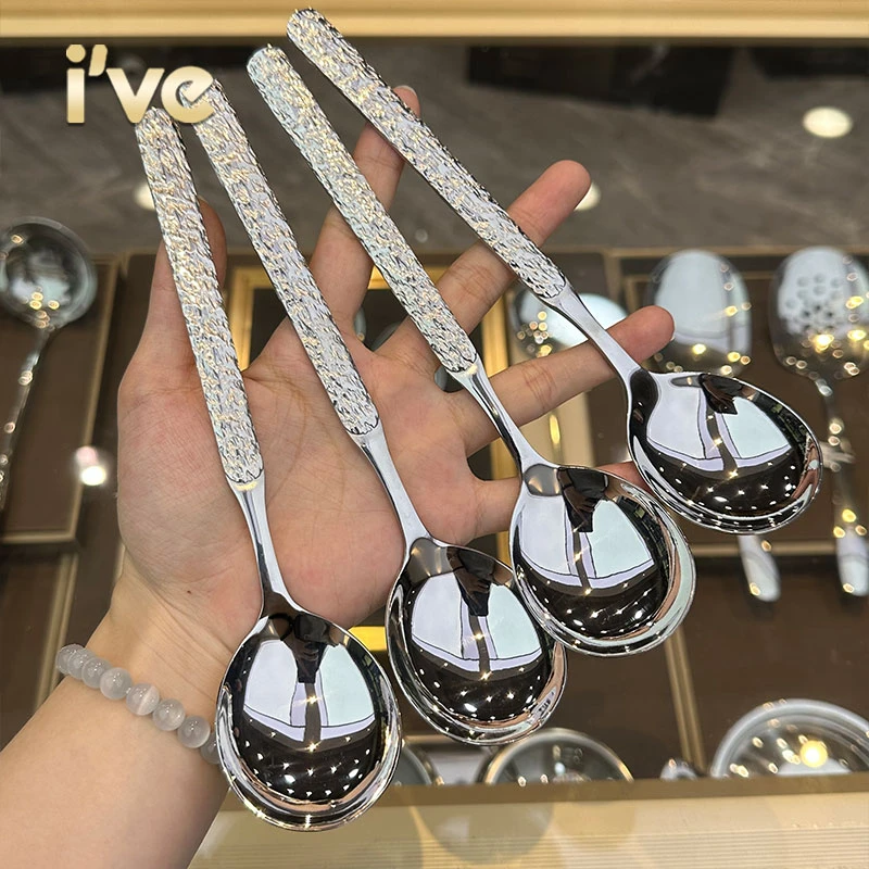 高奢精品！ive冰裂纹长柄大圆勺 18-10食品级不锈钢家用喝汤干饭勺
