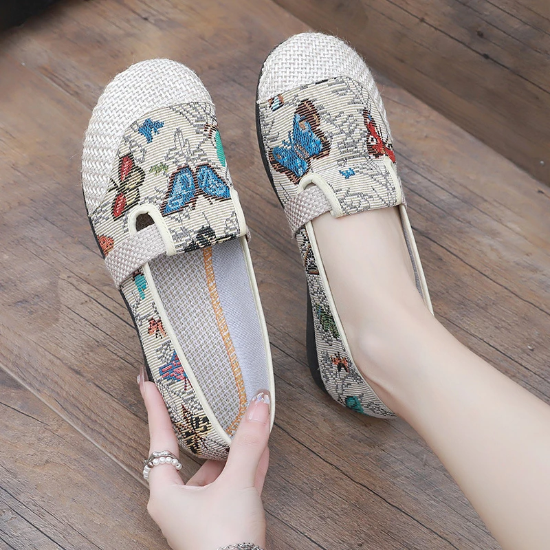 爆款北京布鞋女鞋民族风防滑蝴蝶一脚蹬妈妈鞋豆豆鞋中老年单鞋子