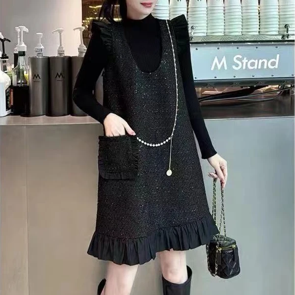 气质大码显瘦无袖小香风连衣裙欧货早秋套装百搭裙子2024新款女装