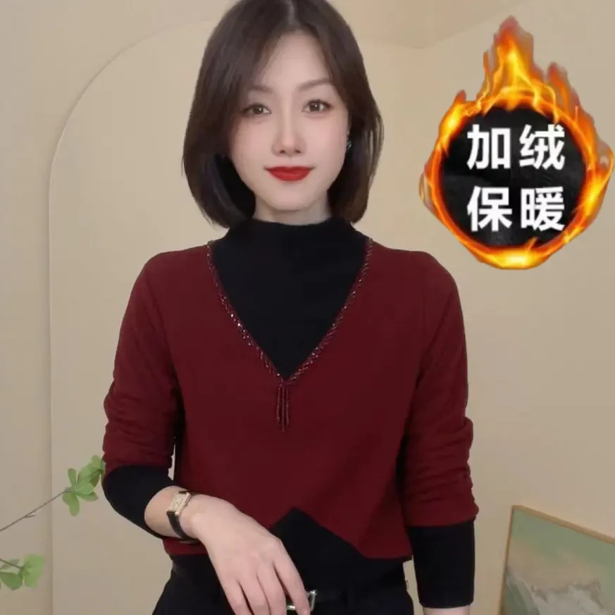 7366冬季新款加绒加厚拼色绒面时尚休闲T恤设计感气质女士小衫