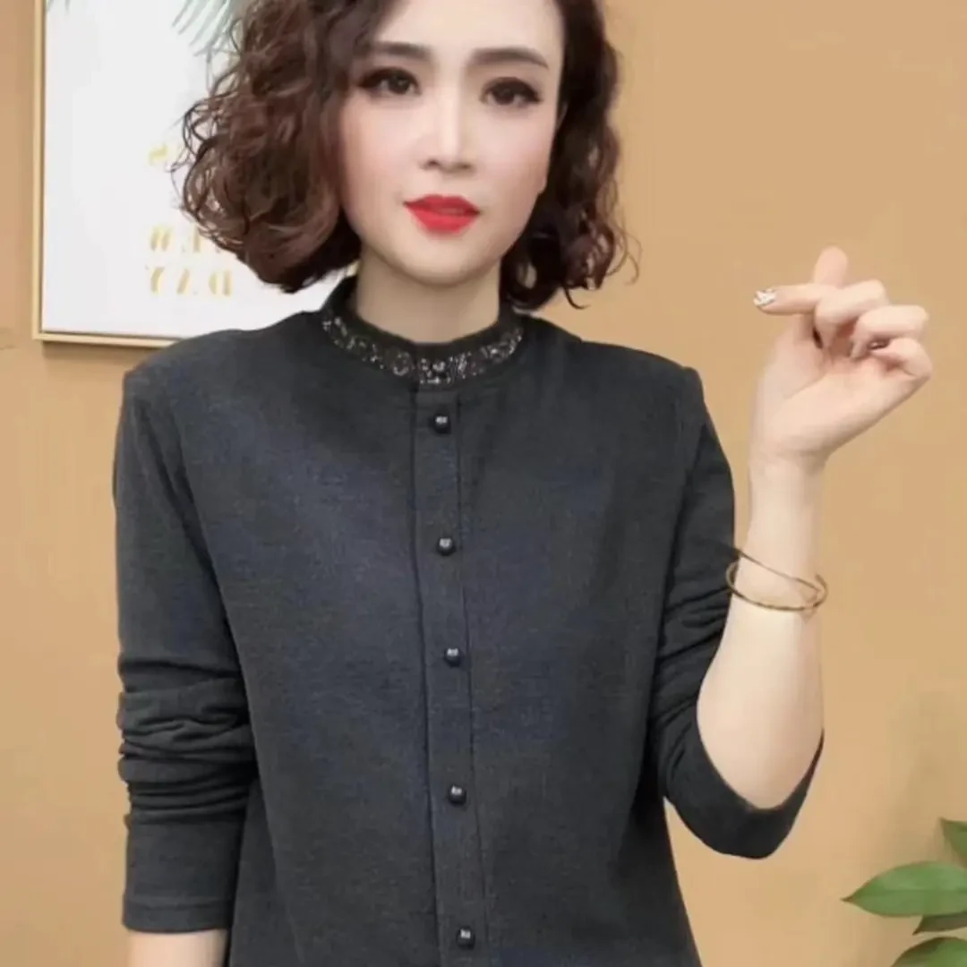 2024新款时尚秋冬款洋气百搭领子烫钻长袖减龄打底衫上衣#132