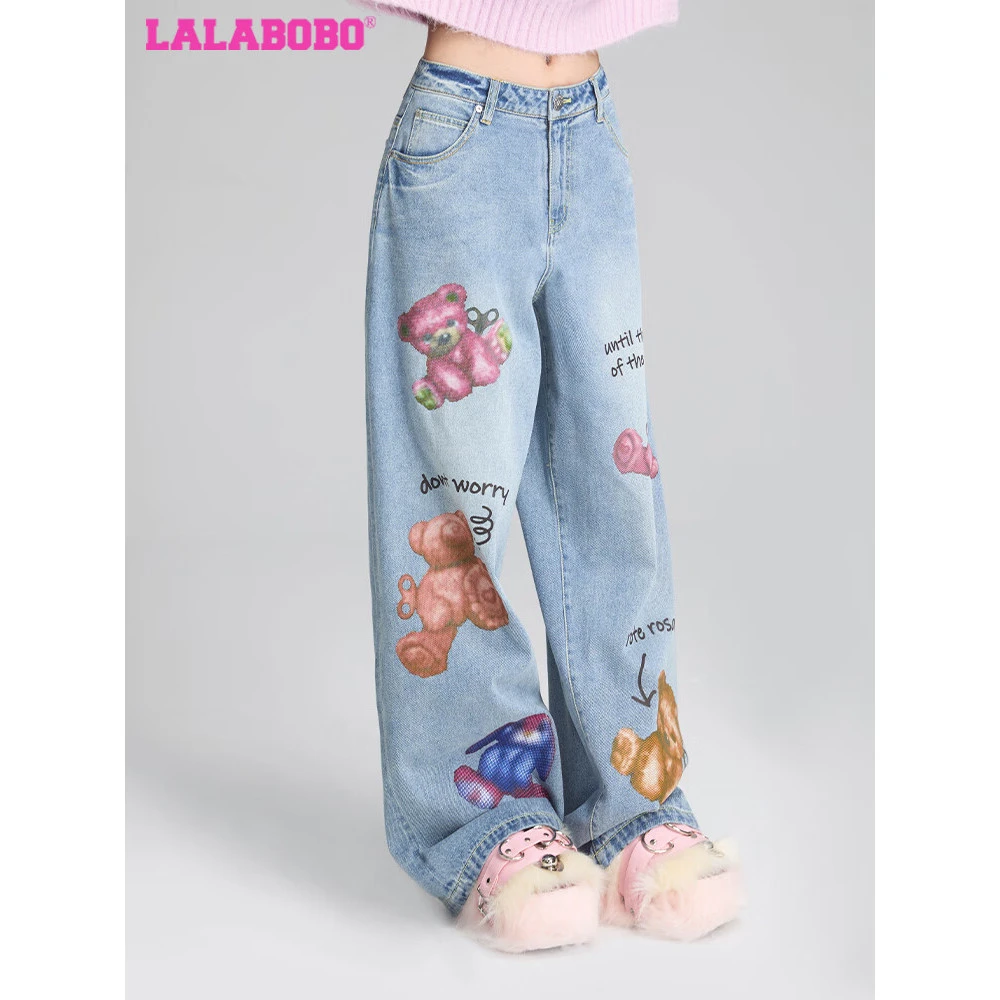 郑州LALABOBO美式涂鸦牛仔裤高腰显瘦小熊印花宽松阔腿RBDC-ZC19