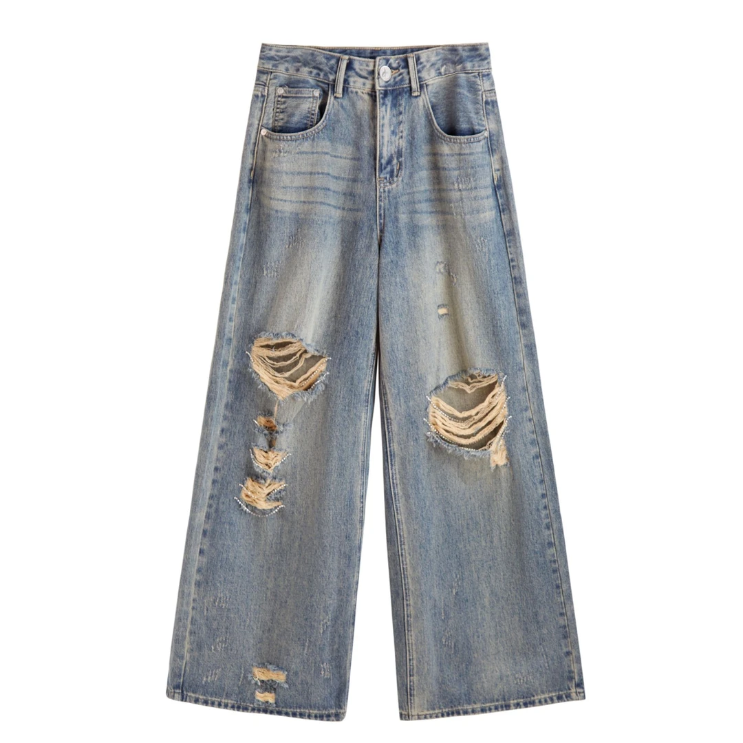 武汉LALABOBO夏季直筒字母破洞牛仔裤LBDC-WXZC25商场同款