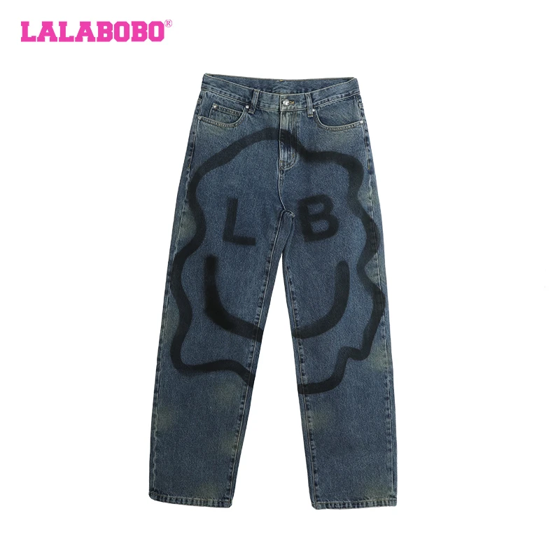 武汉LALABOBO24春简约高腰直筒设计师手绘笑脸牛仔裤|LBDA-WXZC42