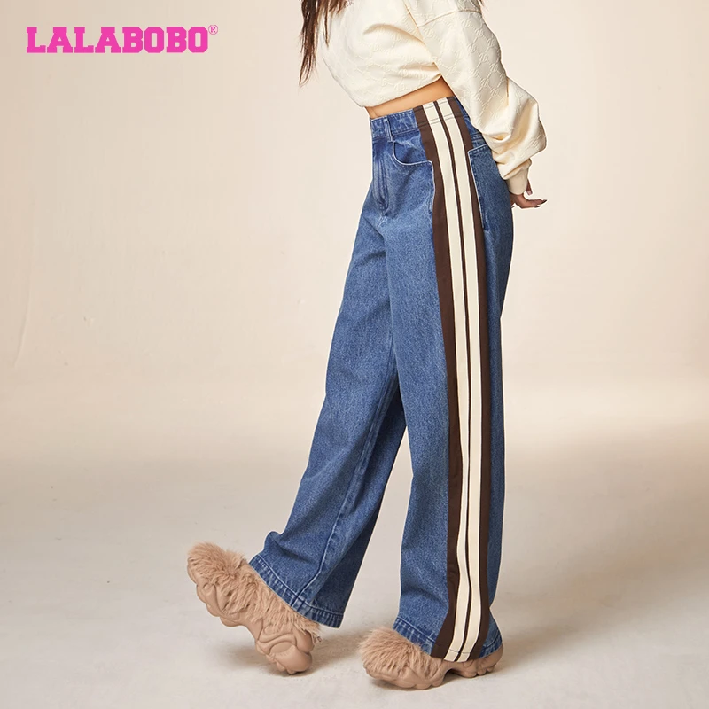 新款休闲简约百搭时尚拼接条纹牛仔裤LBCD-WXZC71