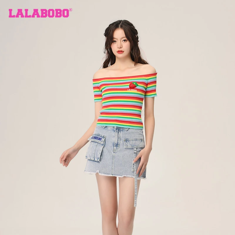 LALABOBO一字肩彩虹老花条纹亮片针织衫短袖LBCB-WSTM12