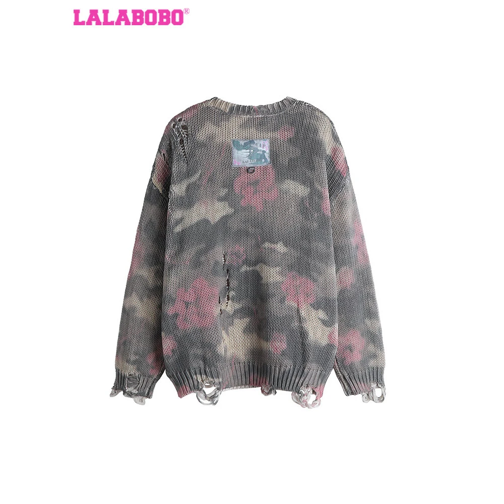 郑州LALABOBO新款迷彩破洞宽松慵懒风套头长袖针织/LBDC-WSTM11