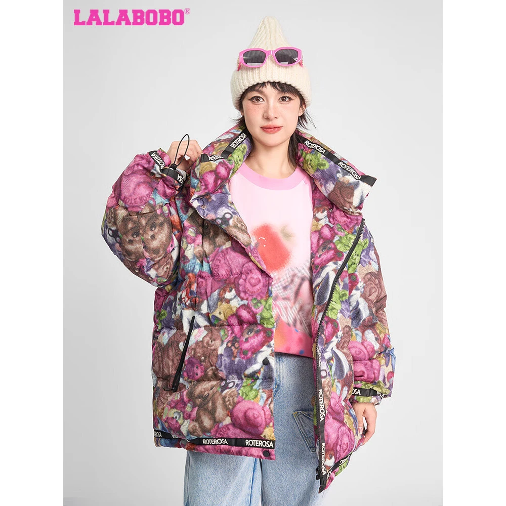 武汉LALABOBO小熊连帽羽绒服满印宽松百搭新保暖外套RBDD-YR17