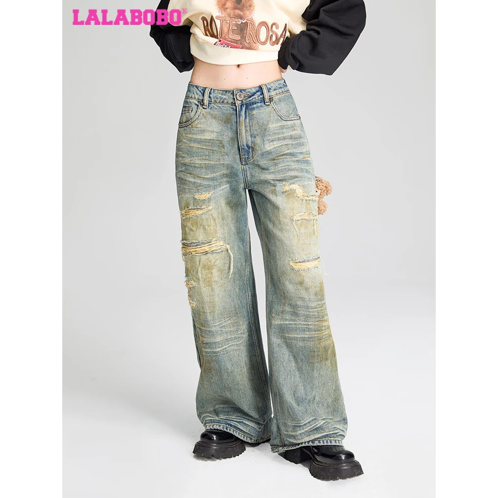 LALABOBO破洞牛仔裤女春复古做旧高腰宽松阔腿长裤子LBDD-WXZC23