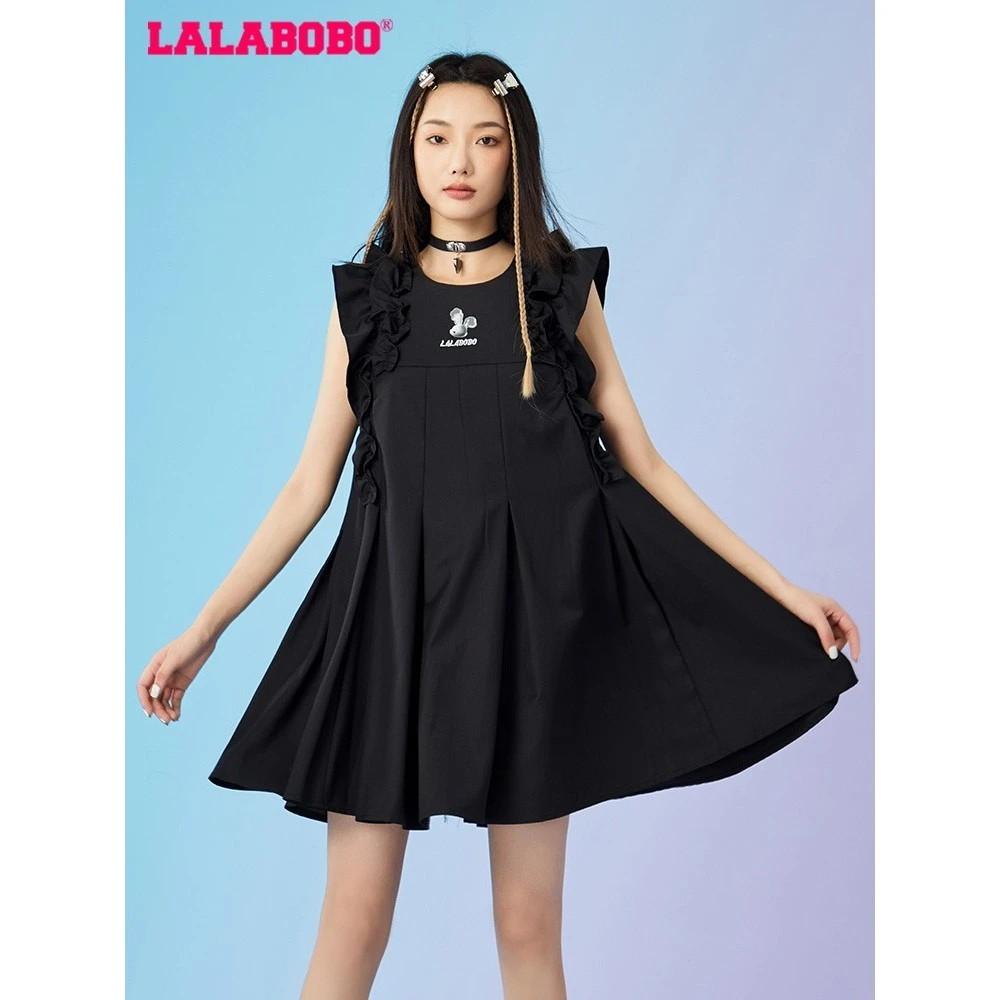 LALABOBO荷叶边无袖连衣裙显瘦高腰a字黑裙LE-WLZY33