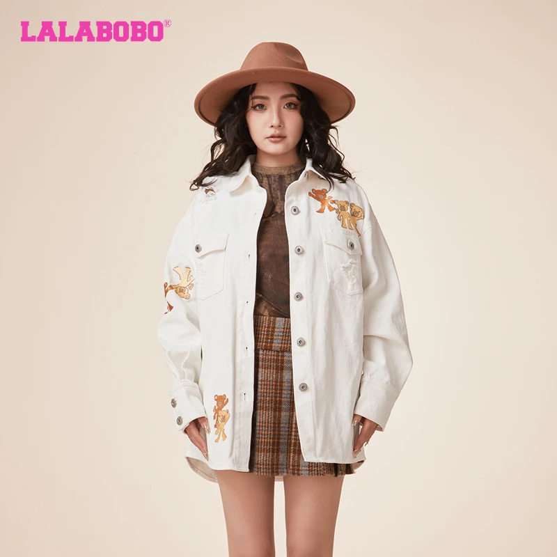 武汉LALABOBO春季休闲宽松翻领可爱小熊长袖衬衫女|LBDA-WSWC12