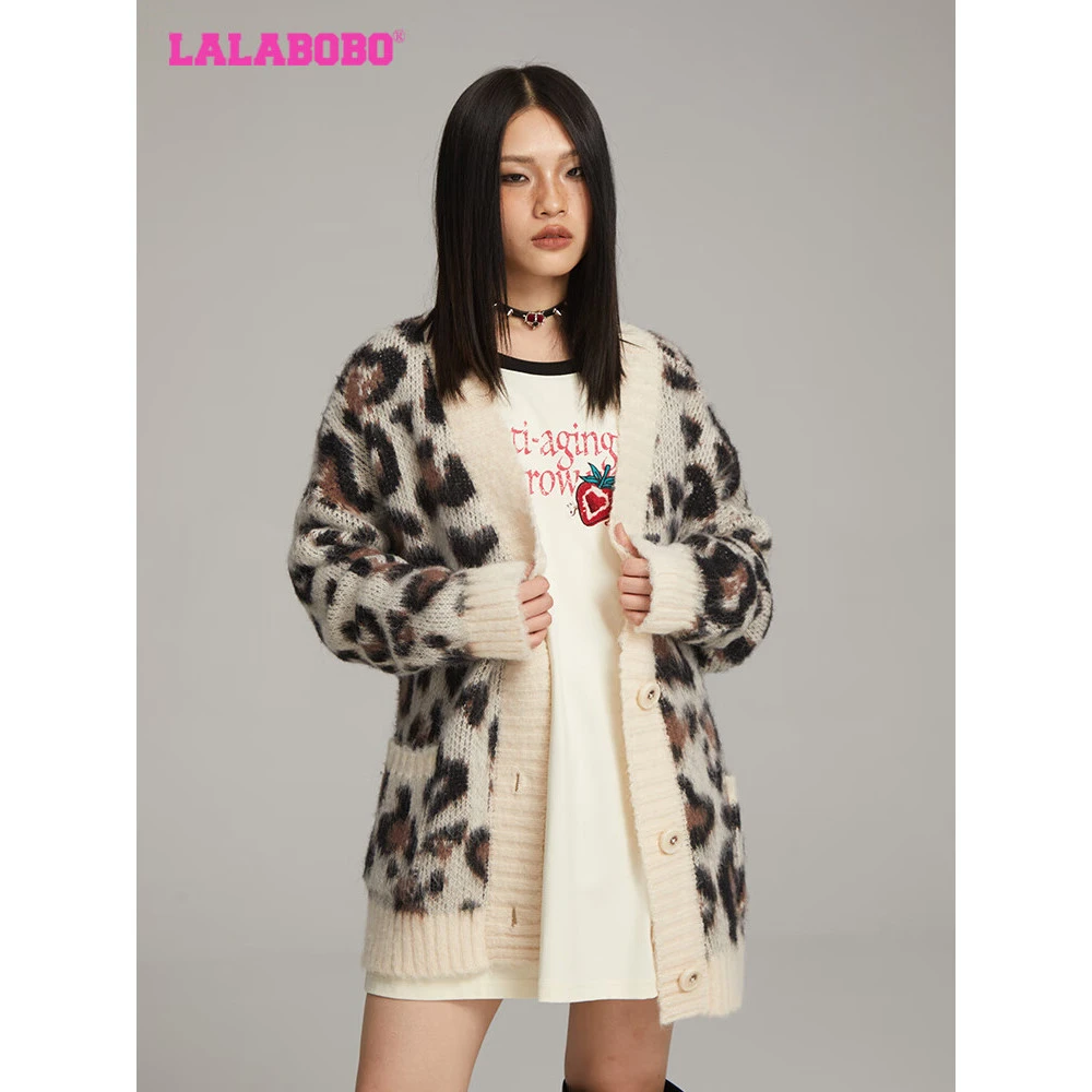 LALABOBO豹纹羊毛混纺开襟毛织女针织外套宽松慵懒LBDC-WSTM