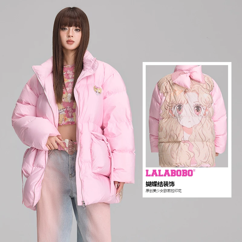 LALABOBO欧若拉羽绒女可爱蝴蝶结冬新款宽松外套中长款RBDD-YR11